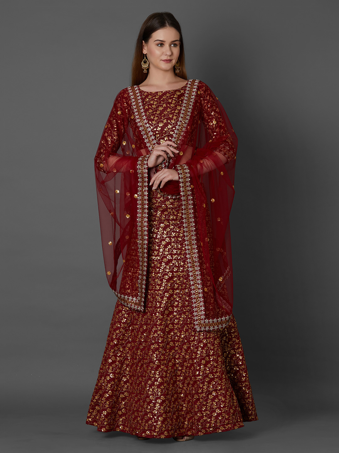 Mitera Maroon Semi-Stitched Lehenga & Blouse with Dupatta Price in India