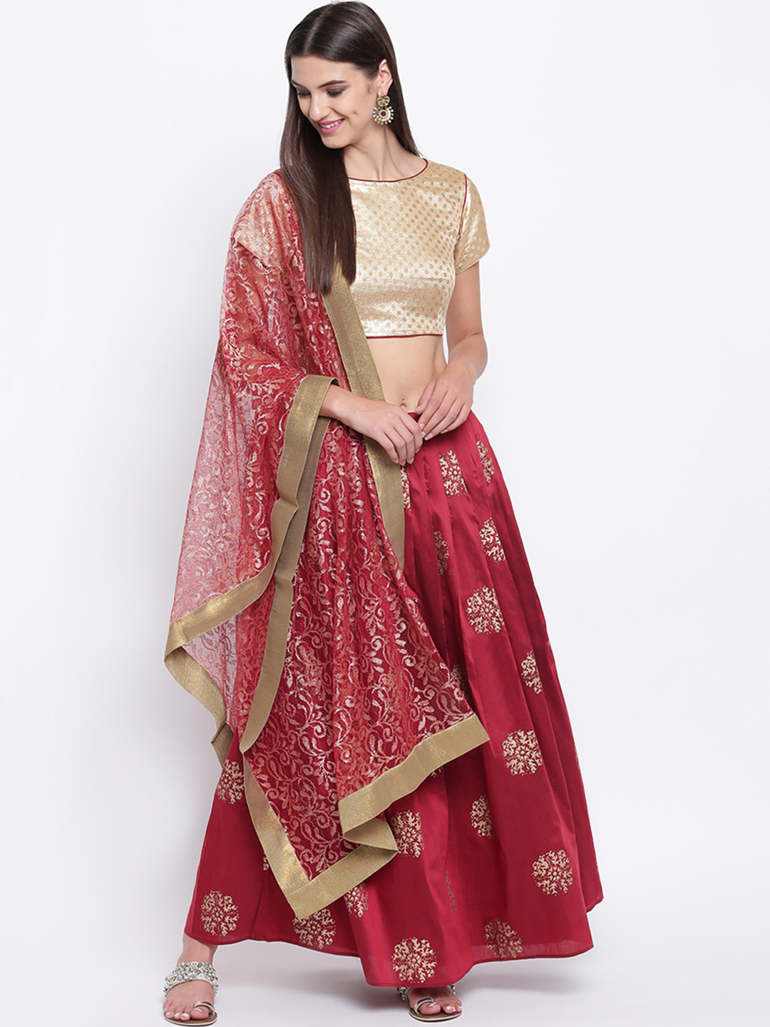 Shakumbhari Maroon & Gold-Toned Woven Design Ready to Wear Lehenga & Blouse with Dupatta Price in India