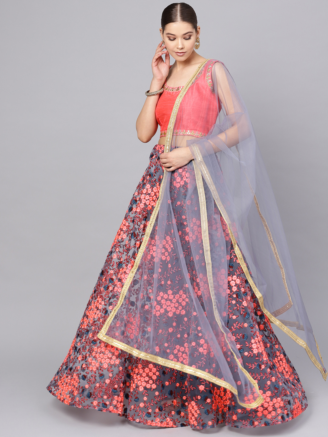 Inddus Grey & Coral Pink Semi-Stitched Lehenga & Unstitched Blouse with Dupatta Price in India