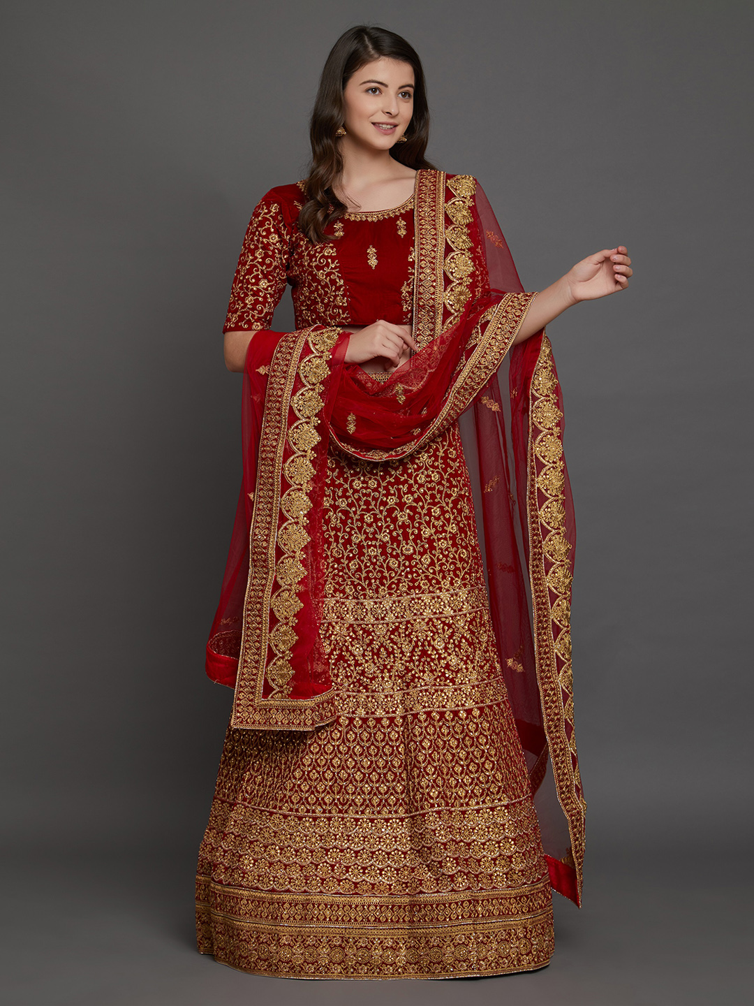 Mitera Red Semi-Stitched Lehenga & Blouse with Dupatta Price in India