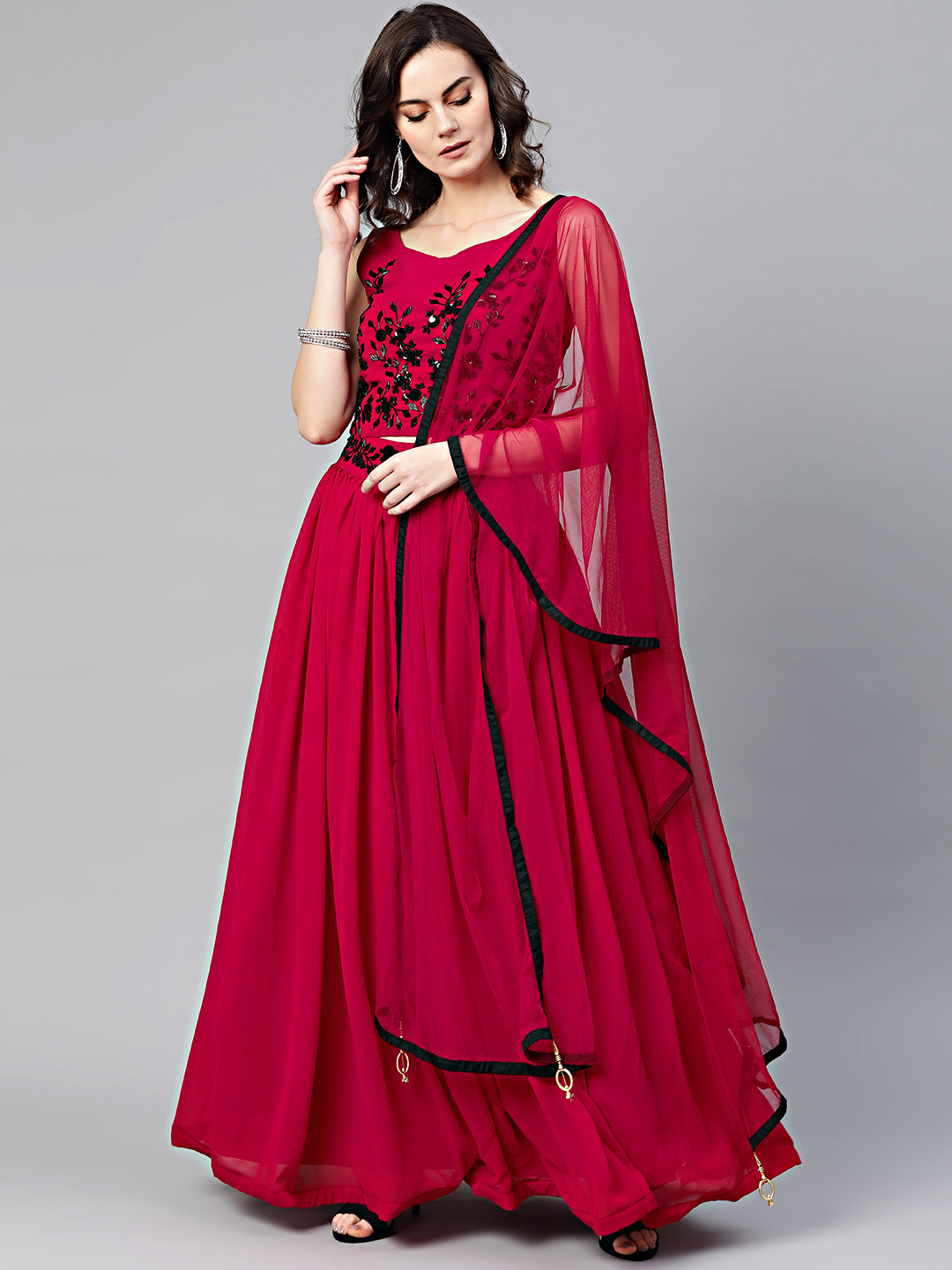 Chhabra 555 Women Magenta & Black Embellished Made to Measure Lehenga Choli Price in India