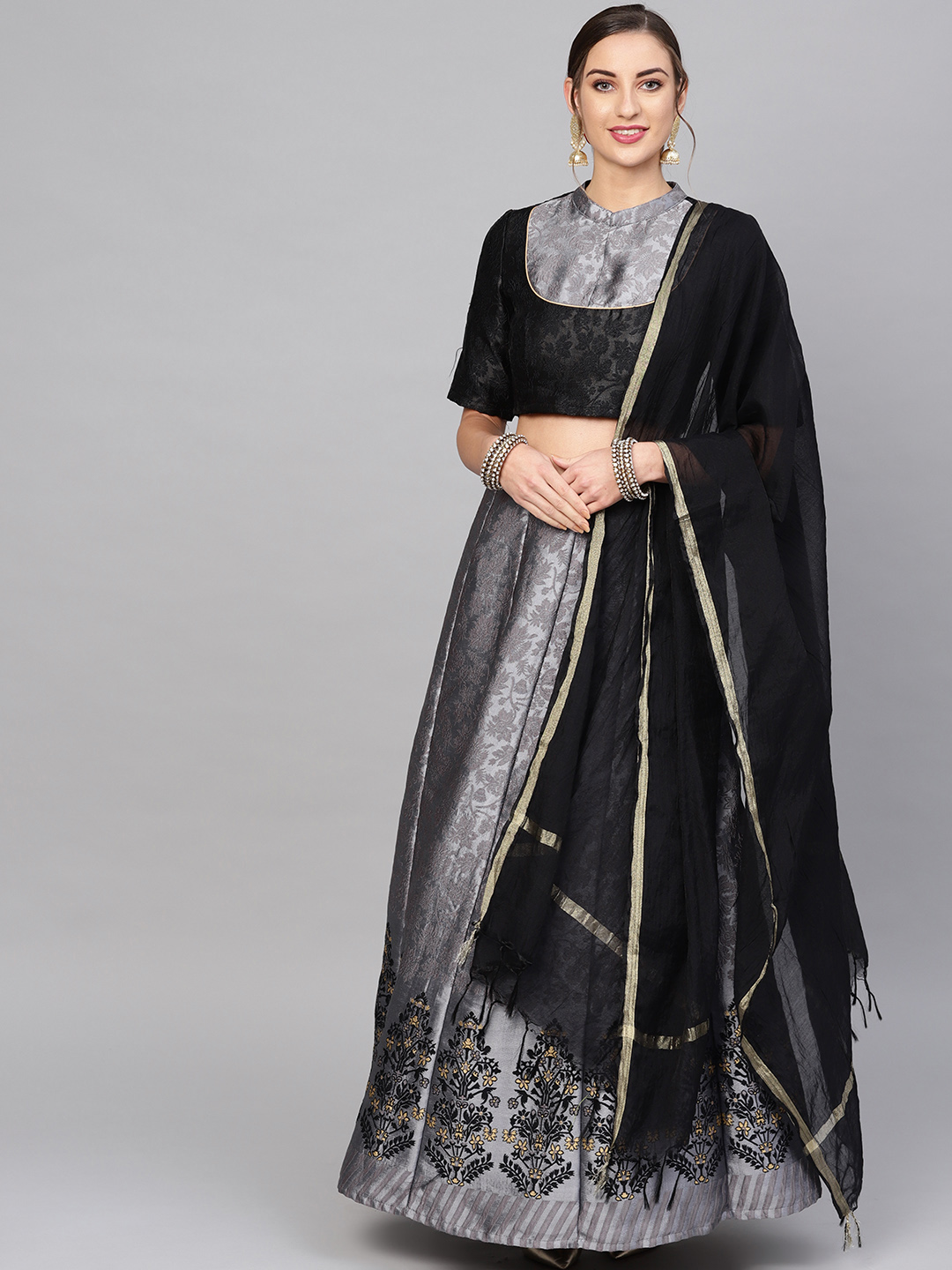 AKS Charcoal Grey & Black Woven Design Ready to Wear Jacquard Lehenga Choli with Dupatta Price in India