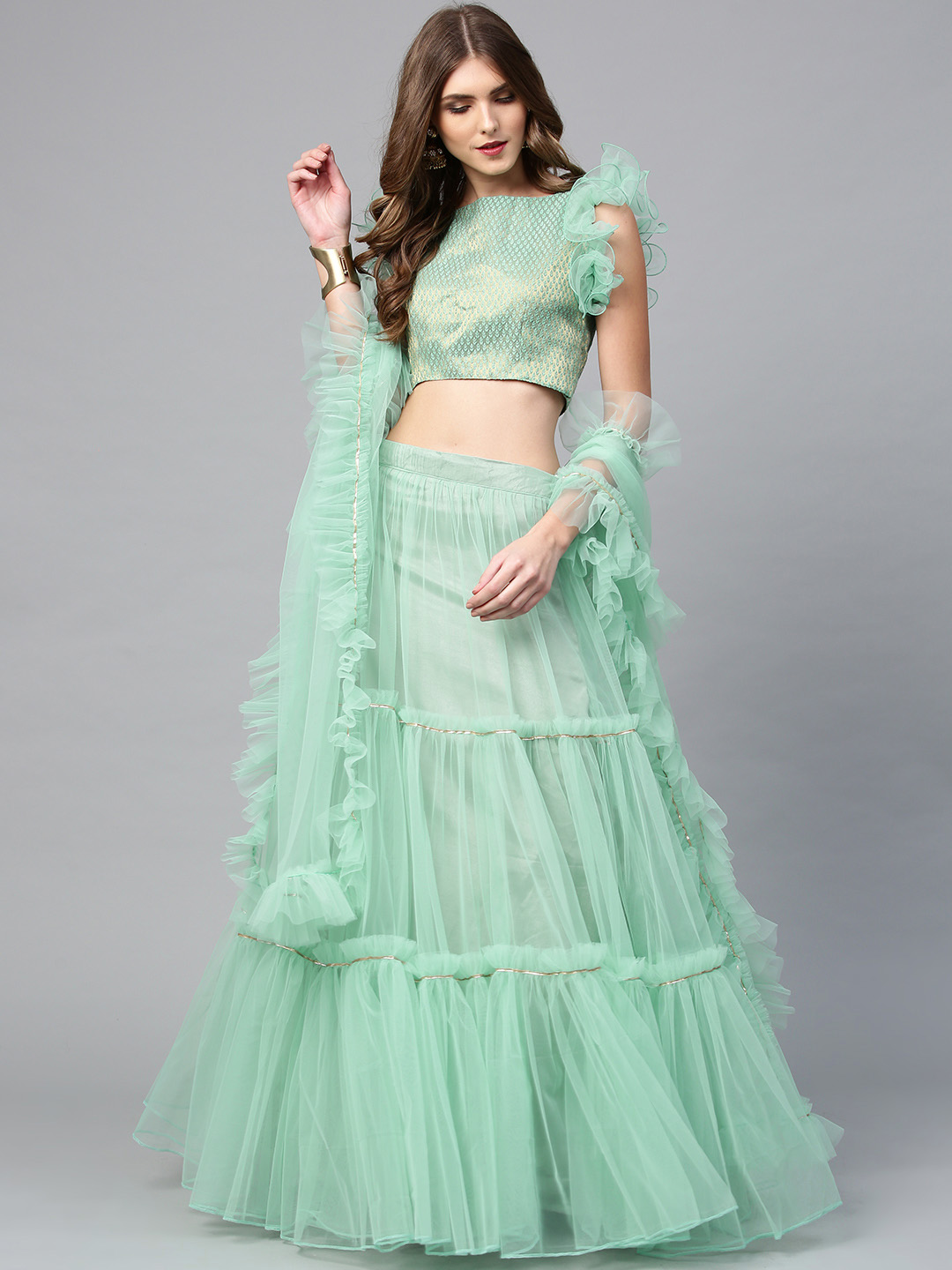 Inddus Sea Green & Golden Woven Design Semi-Stitched Lehenga Choli with Dupatta Price in India