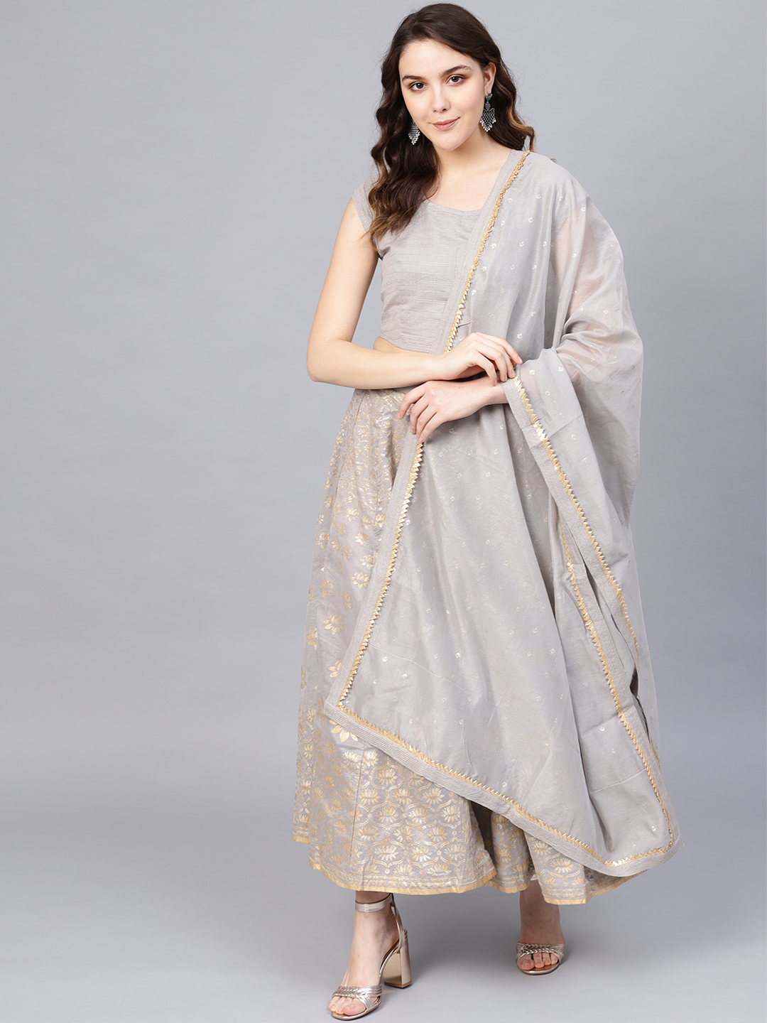 Biba Grey & Golden Woven Design Ready to Wear Lehenga & Blouse with Dupatta Price in India