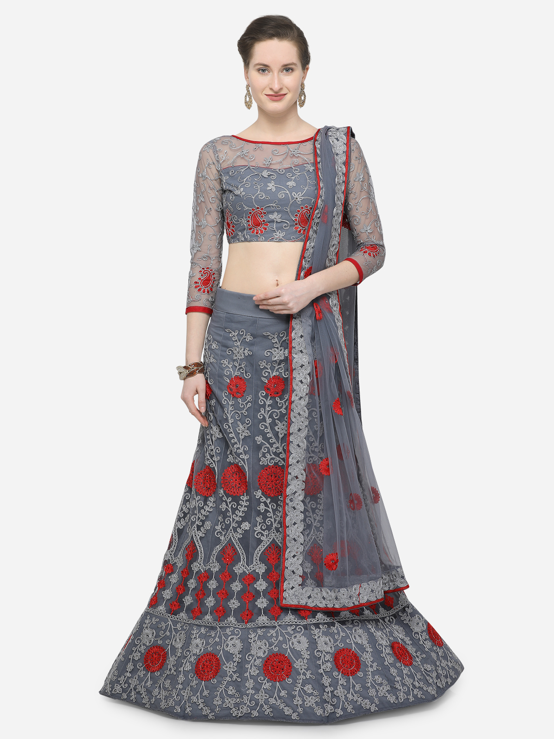 V SALES Grey Semi-Stitched Lehenga & Blouse with Dupatta Price in India
