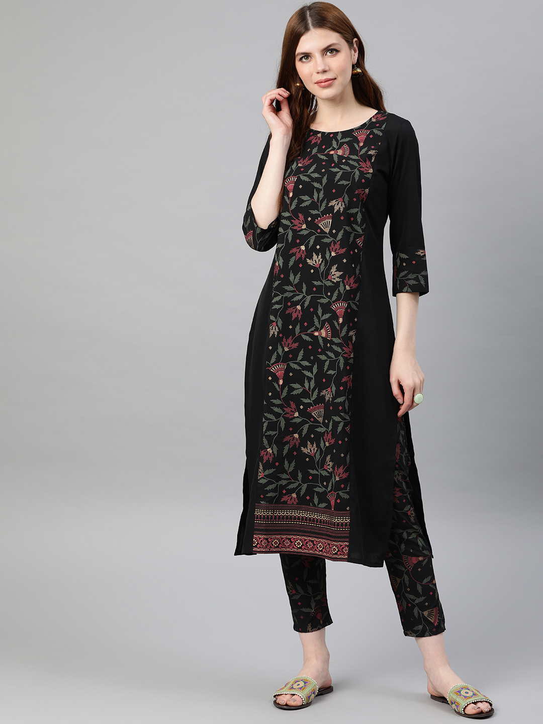 ZIYAA Women Black & Green Printed Kurta with Trousers Price in India