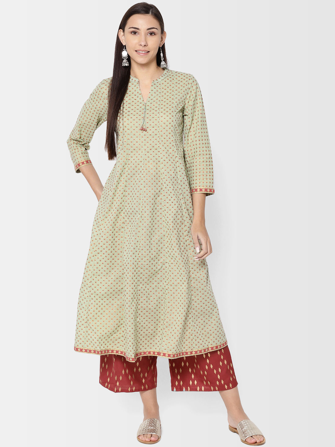 Fabindia Women Green & Red Khari Print A-Line Kurta Price in India