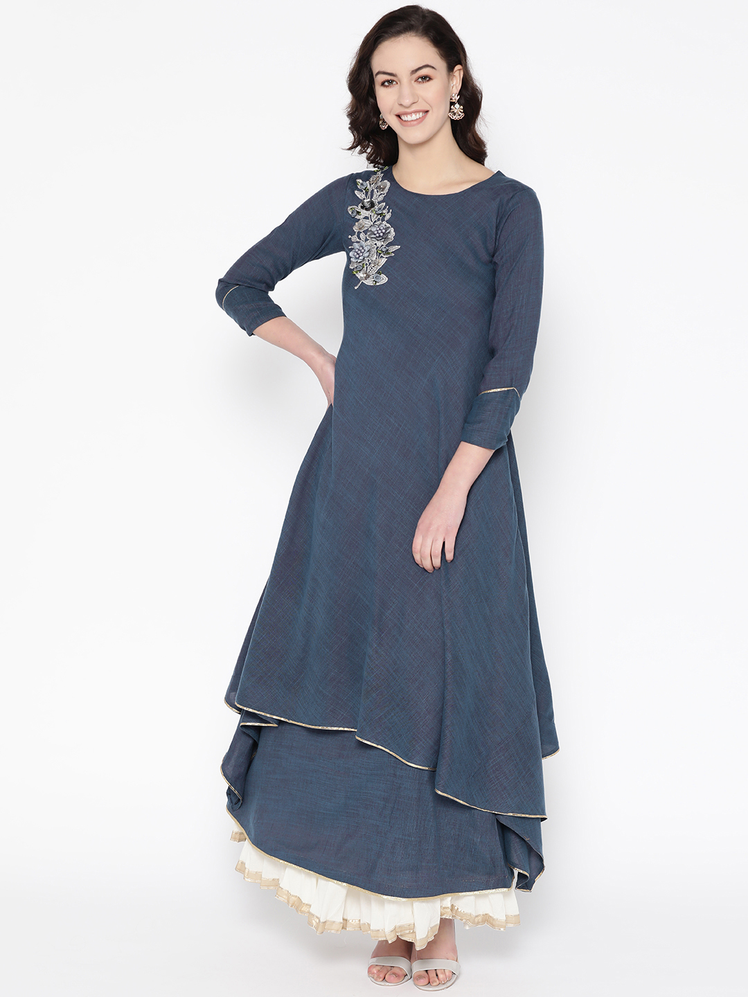 Cottinfab Women Navy Blue Solid Layered A-Line Kurta Price in India