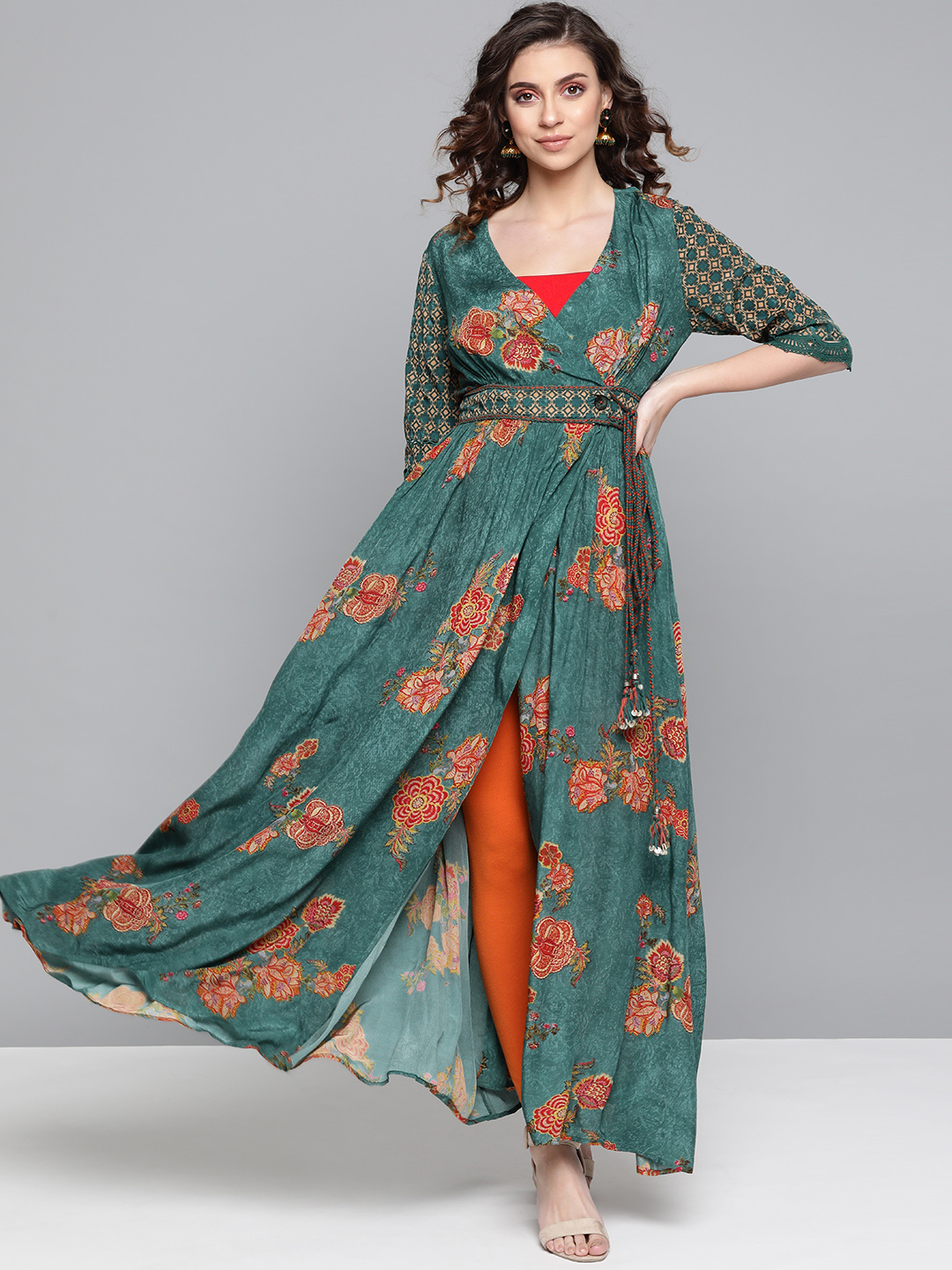 Ritu Kumar Women Green & Orange Printed Wrap A-Line Kurta Price in India