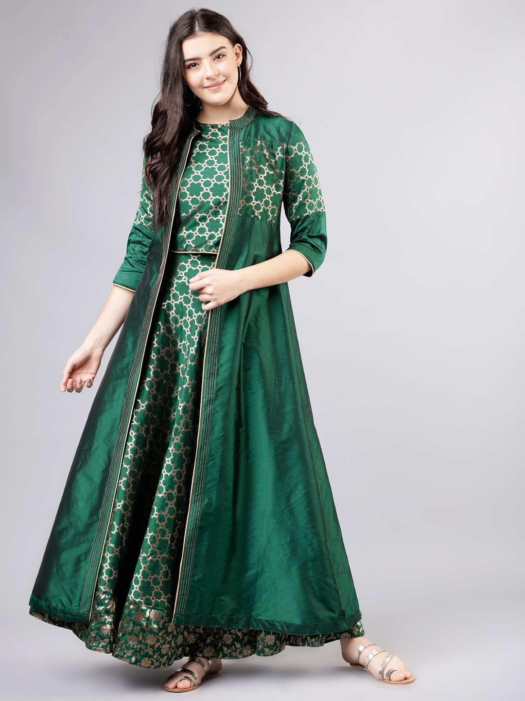 Vishudh Women Green & Gold-Toned Solid Kurta with Skirt Price in India