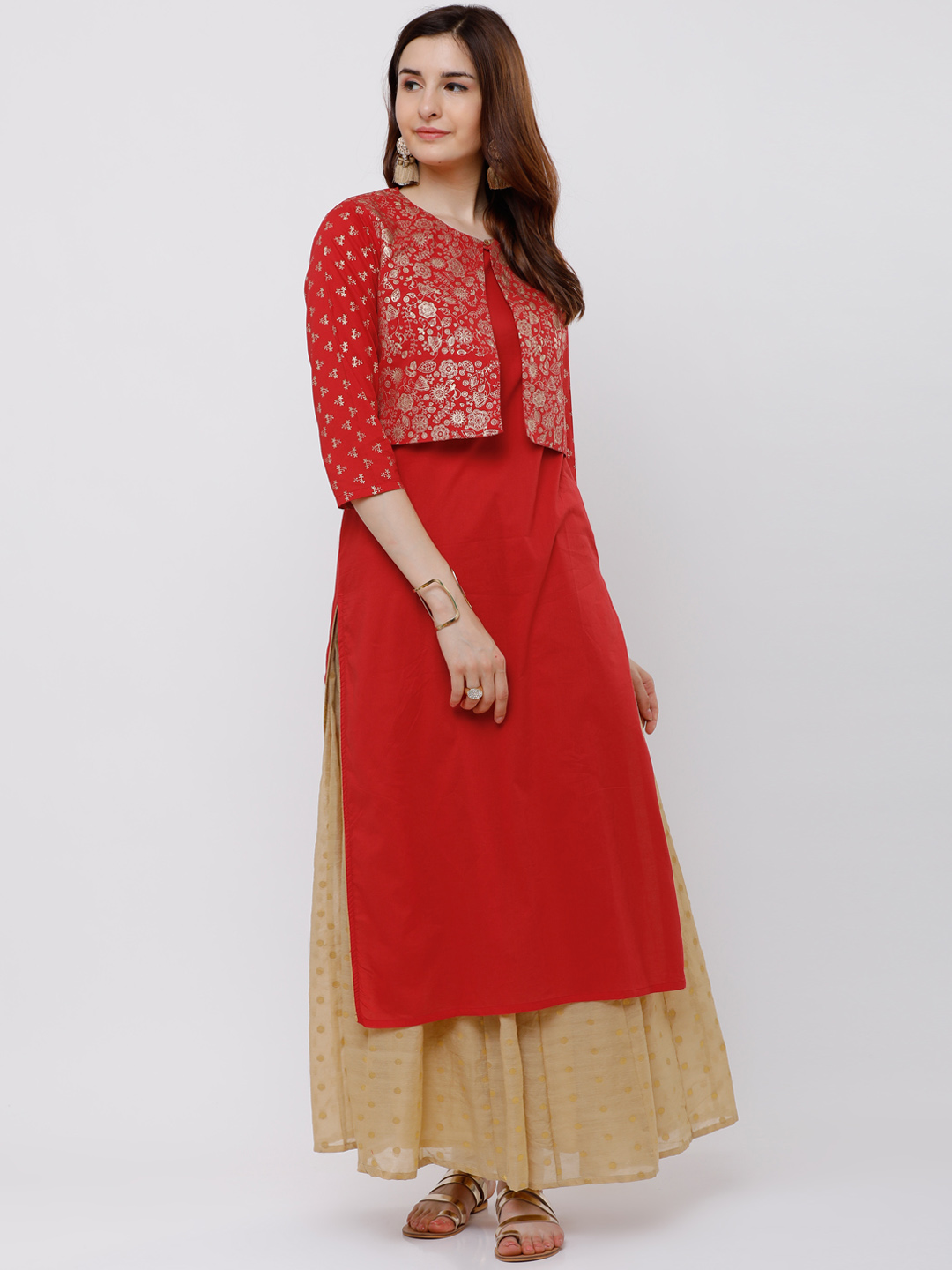 Vishudh Women Red & Gold-Toned Printed Straight Kurta Price in India