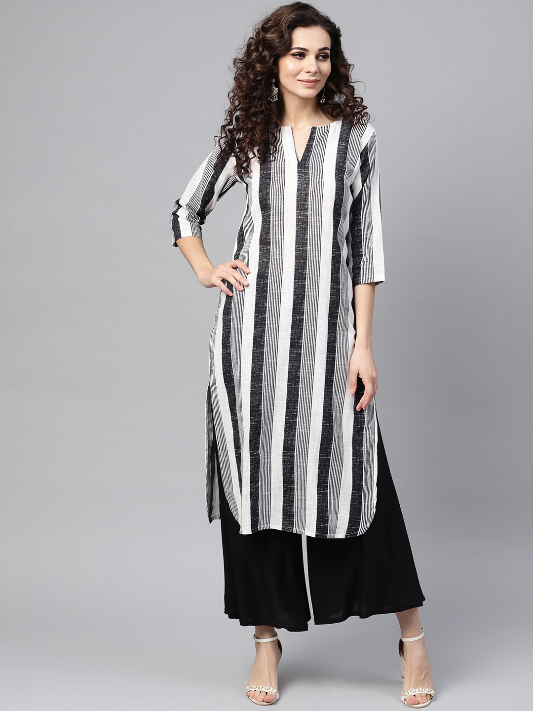 Nayo Women White & Black Striped Straight Kurta Price in India