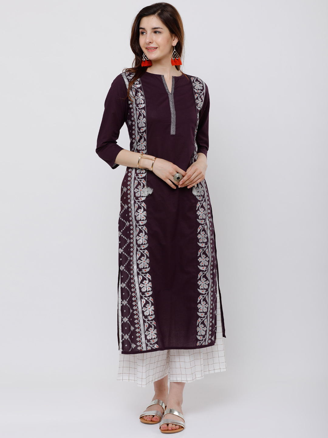 Vishudh Women Purple & Silver-Toned Printed Straight Kurta Price in India