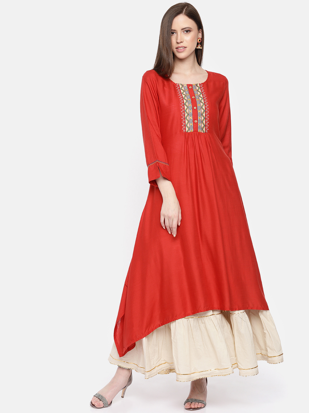 Global Desi Women Red Yoke Design A-Line Kurta Price in India