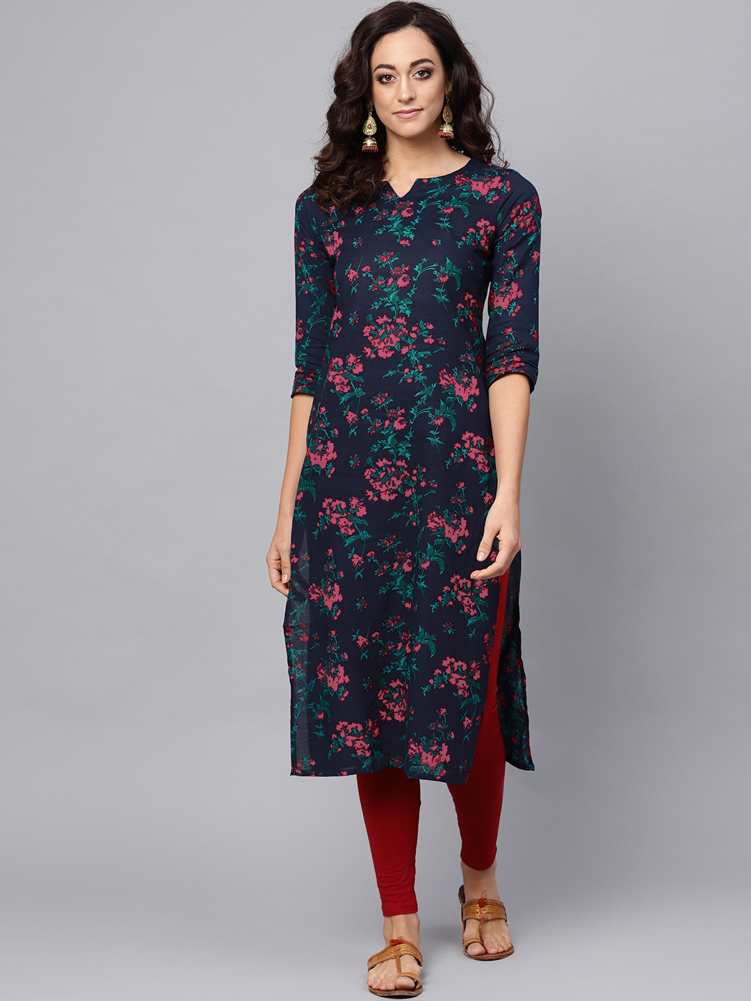 AHIKA Women Navy Blue & Pink Printed Straight Kurta Price in India