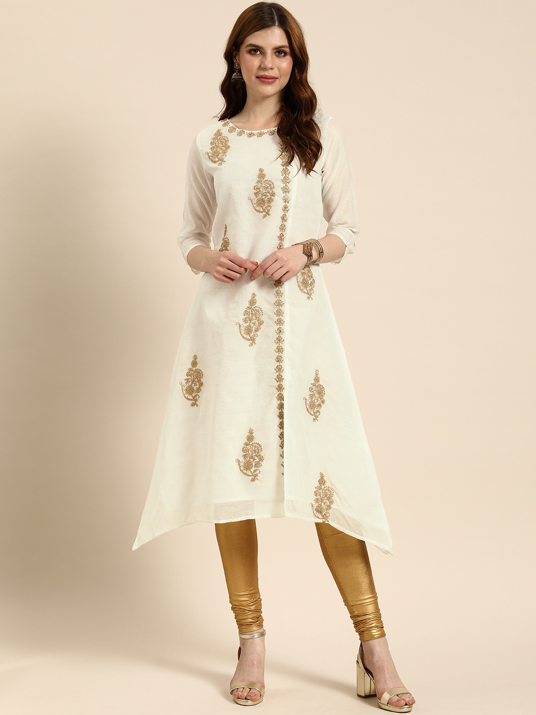 IMARA Women White & Gold-Toned Embroidered A-Line Kurta Price in India