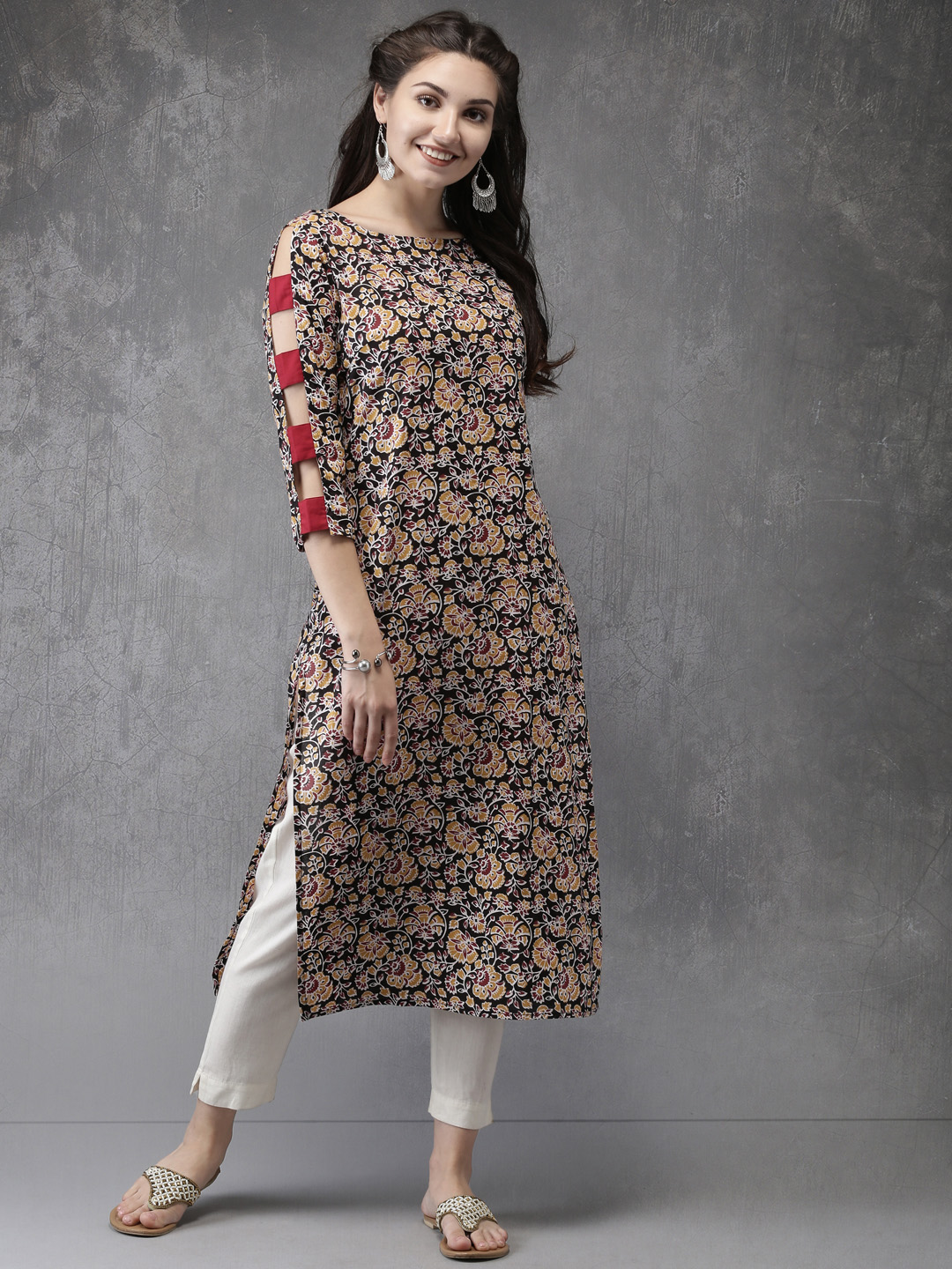 Anouk Women Black & Mustard Yellow Printed Straight Kurta Price in India