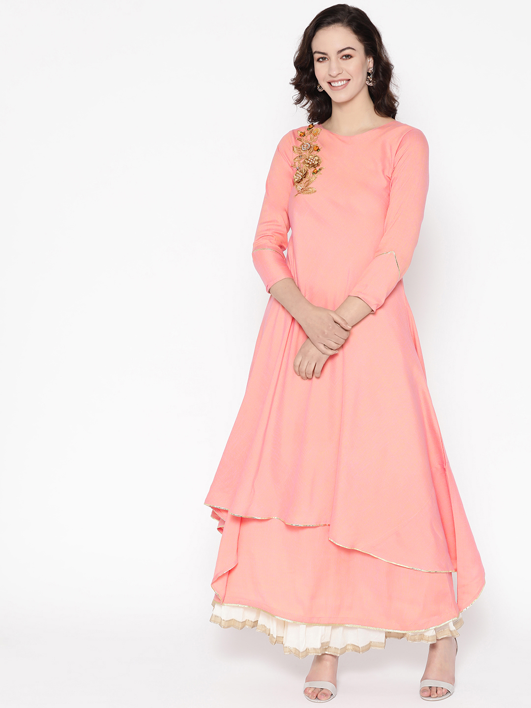 Cottinfab Women Peach-Coloured Solid Layered A-Line Kurta Price in India