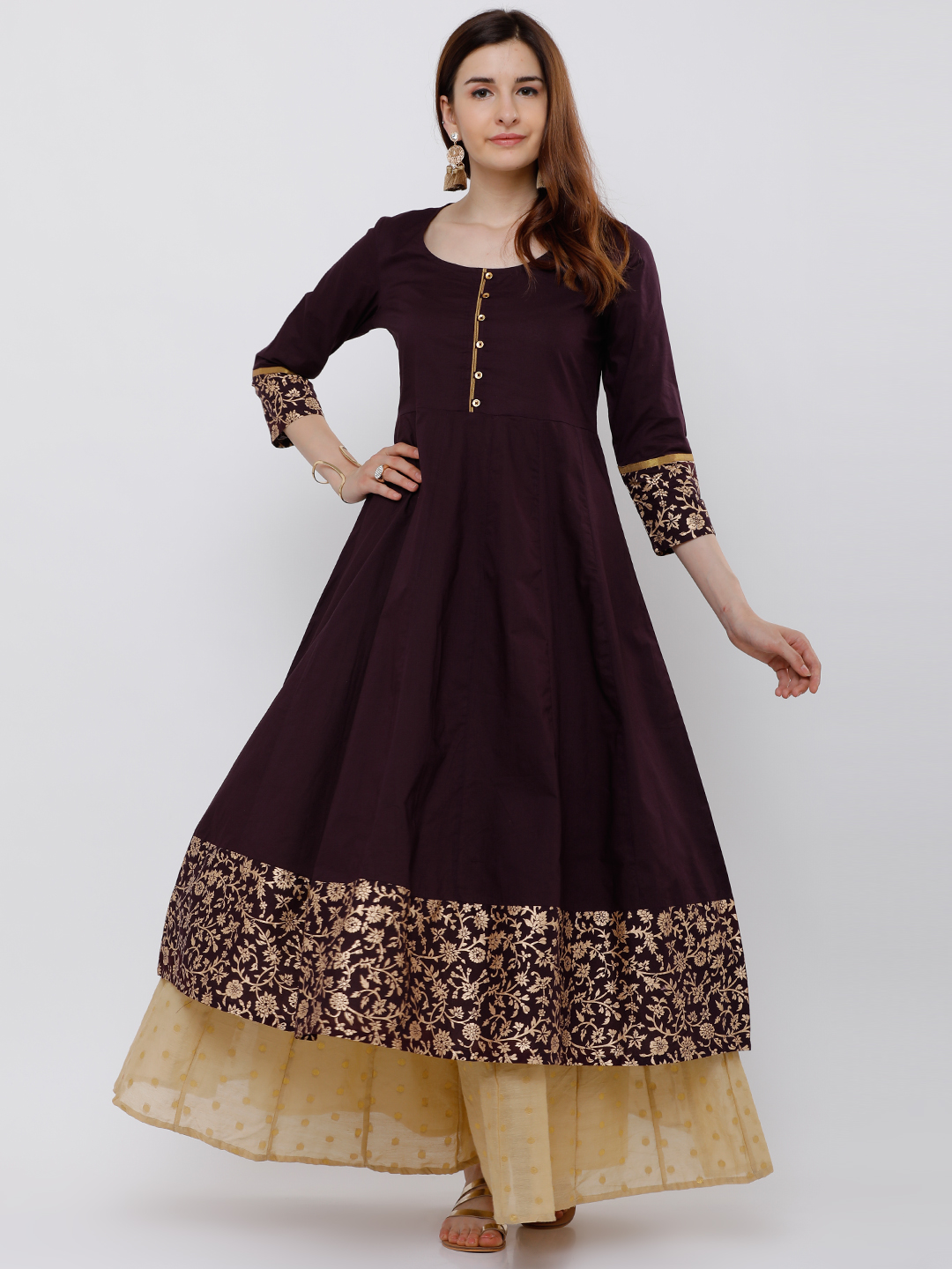 Vishudh Women Burgundy & Gold-Toned Woven Design Anarkali Kurta Price in India