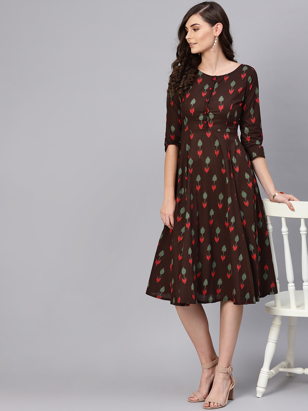 SASSAFRAS Women Coffee Brown & Green Printed A-Line Dress Price in India