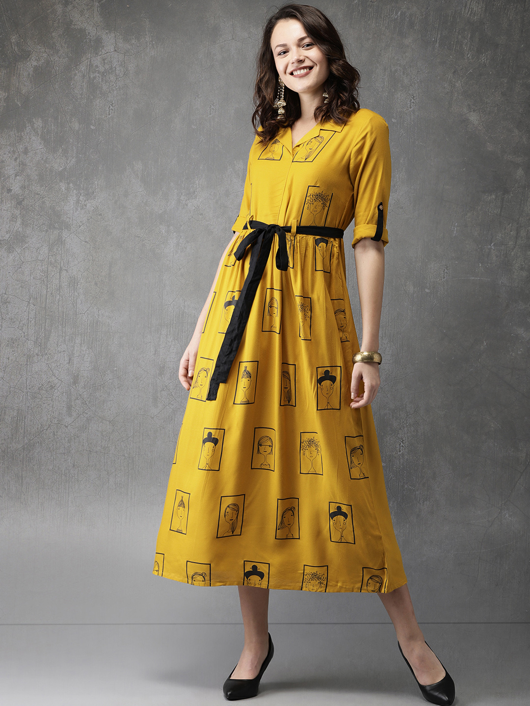 Anouk Women Mustard Printed Fit and Flare Dress Price in India