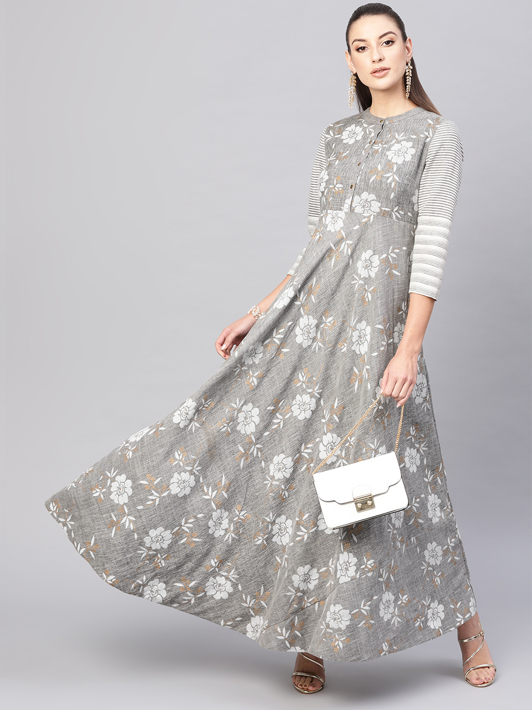 AKS Women Grey & White Printed Maxi Dress Price in India