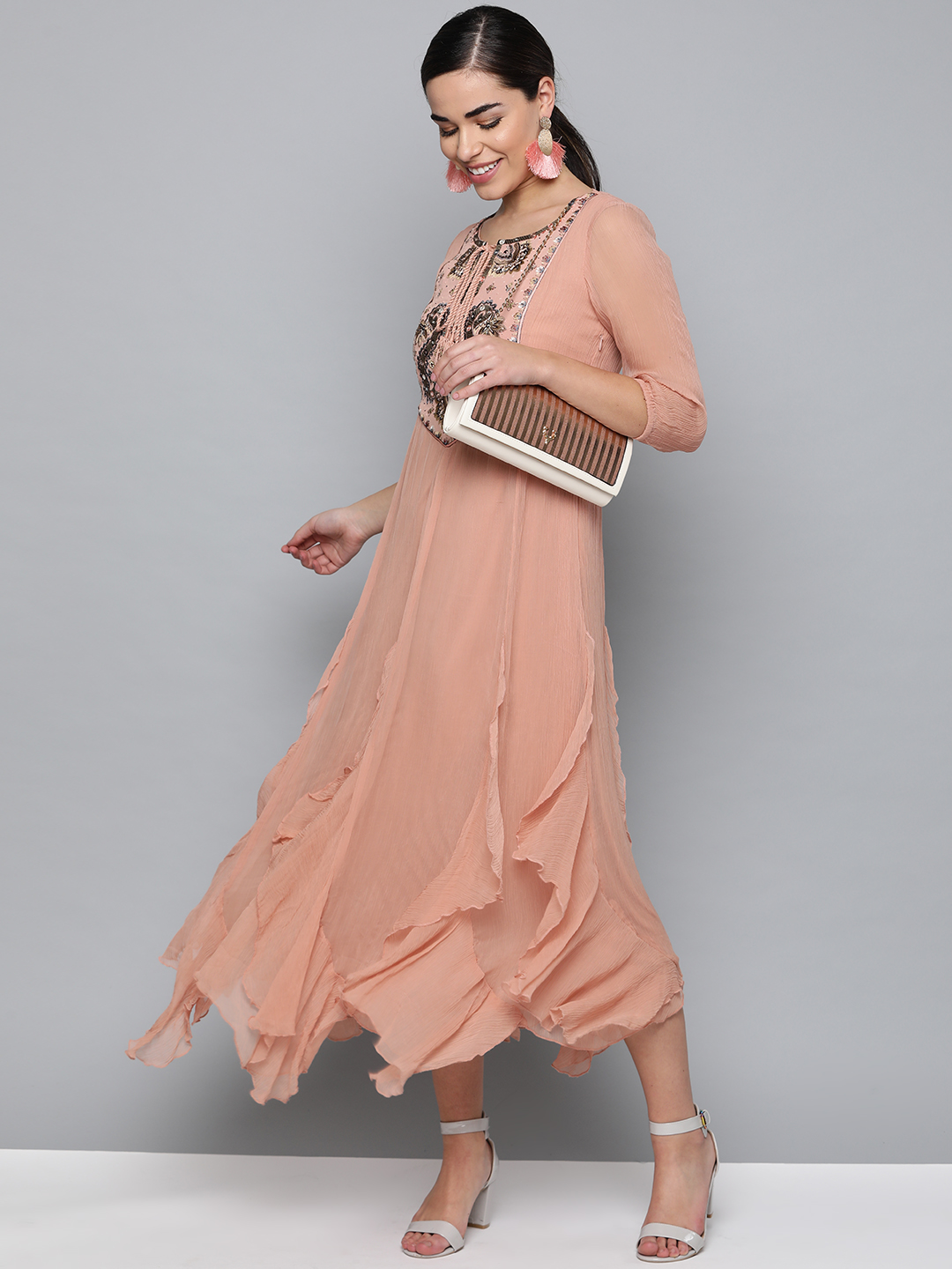 Label Ritu Kumar Women Peach-Coloured Solid Maxi Dress Price in India