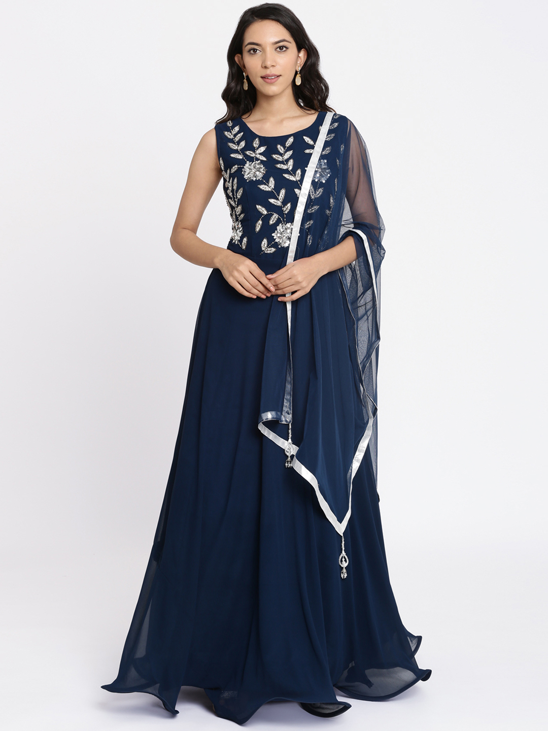 Koskii Women Navy Blue Embellished Ethnic Maxi Dress Price in India