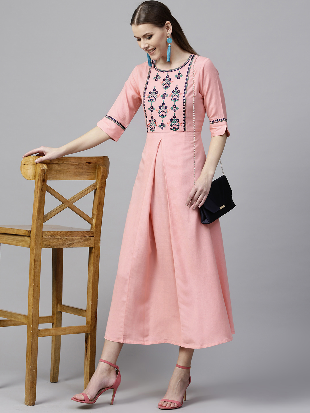 Libas Women Peach-Coloured Embroidered A-Line Dress Price in India