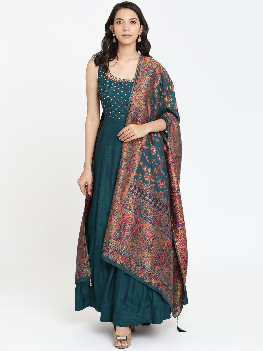 Koskii Women Green Embellished Maxi Dress with Dupatta Price in India