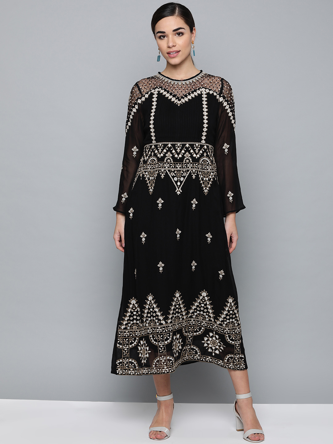Label Ritu Kumar Women Black & Off-White Embroidered Semi-Sheer A-Line Dress Price in India