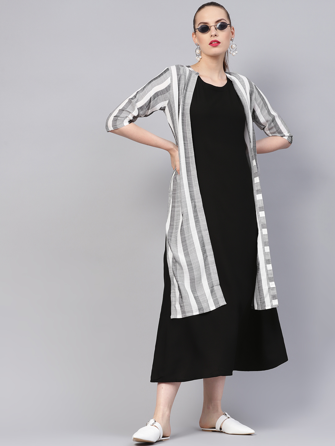 Libas Women Black & White Solid Layered A-Line Dress Price in India