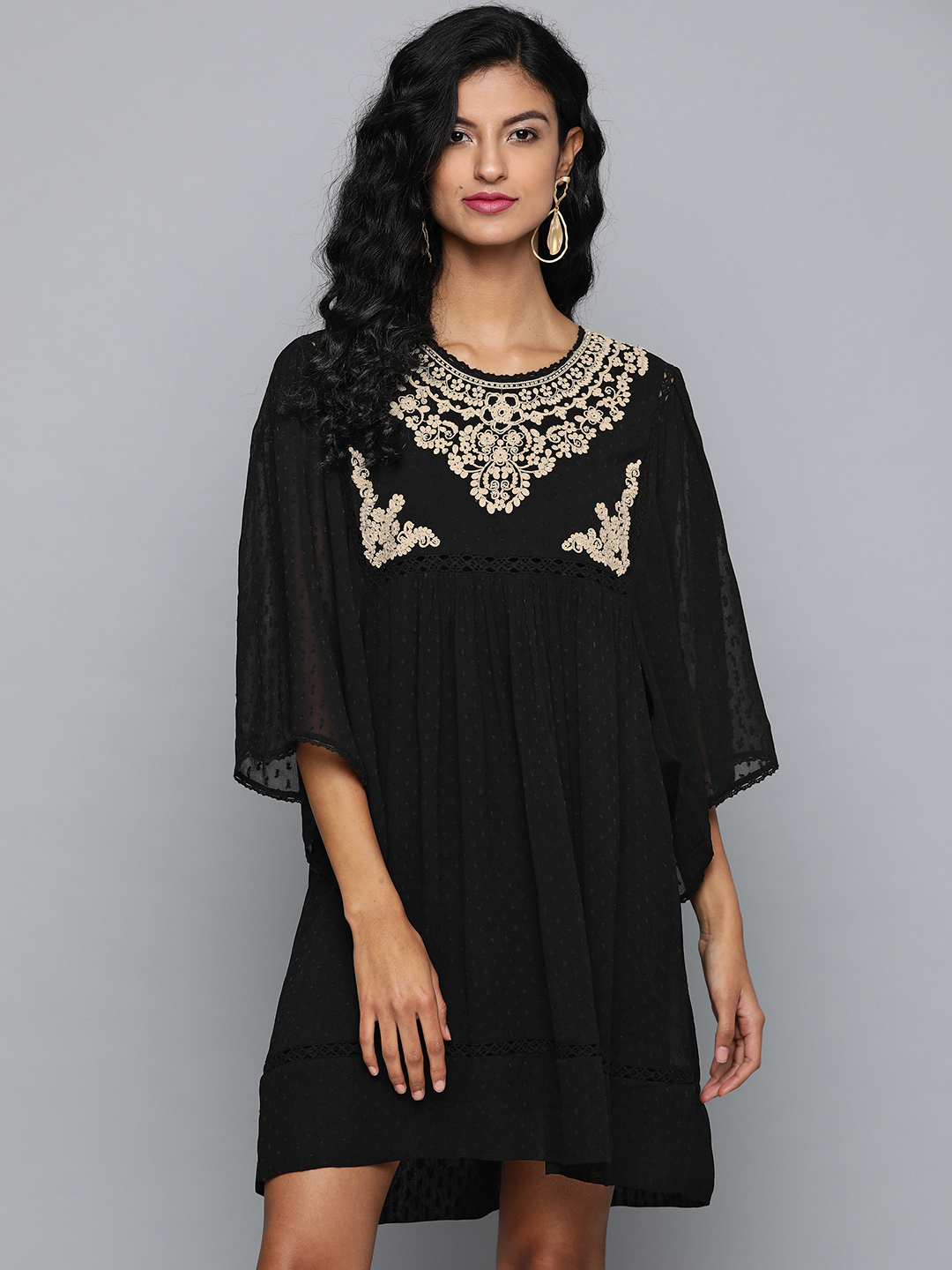 Label Ritu Kumar Women Black & Beige Self Design Empire Dress Price in India