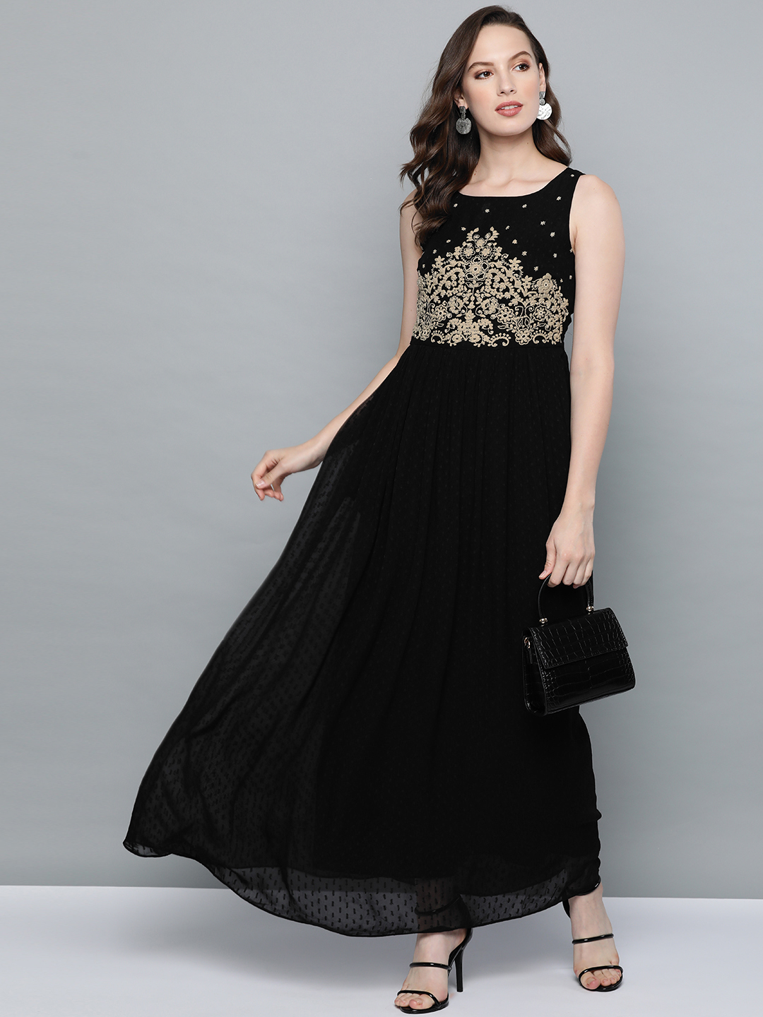 Label Ritu Kumar Women Black & Beige Self Design Maxi Dress Price in India