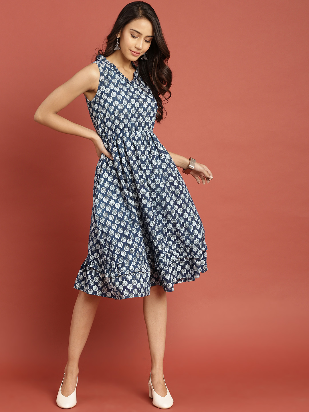 Taavi Women Blue Indigo Hand Block Print A-Line Dress with Layered Hem Price in India