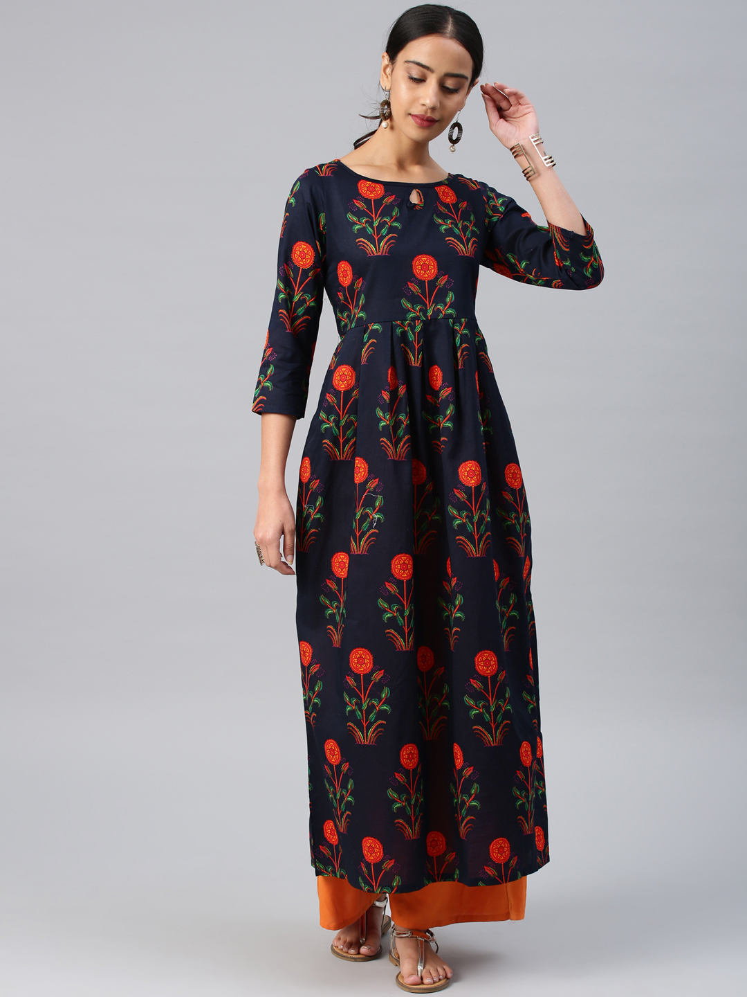 Vishudh Women Navy Blue Printed Fit and Flare Dress Price in India