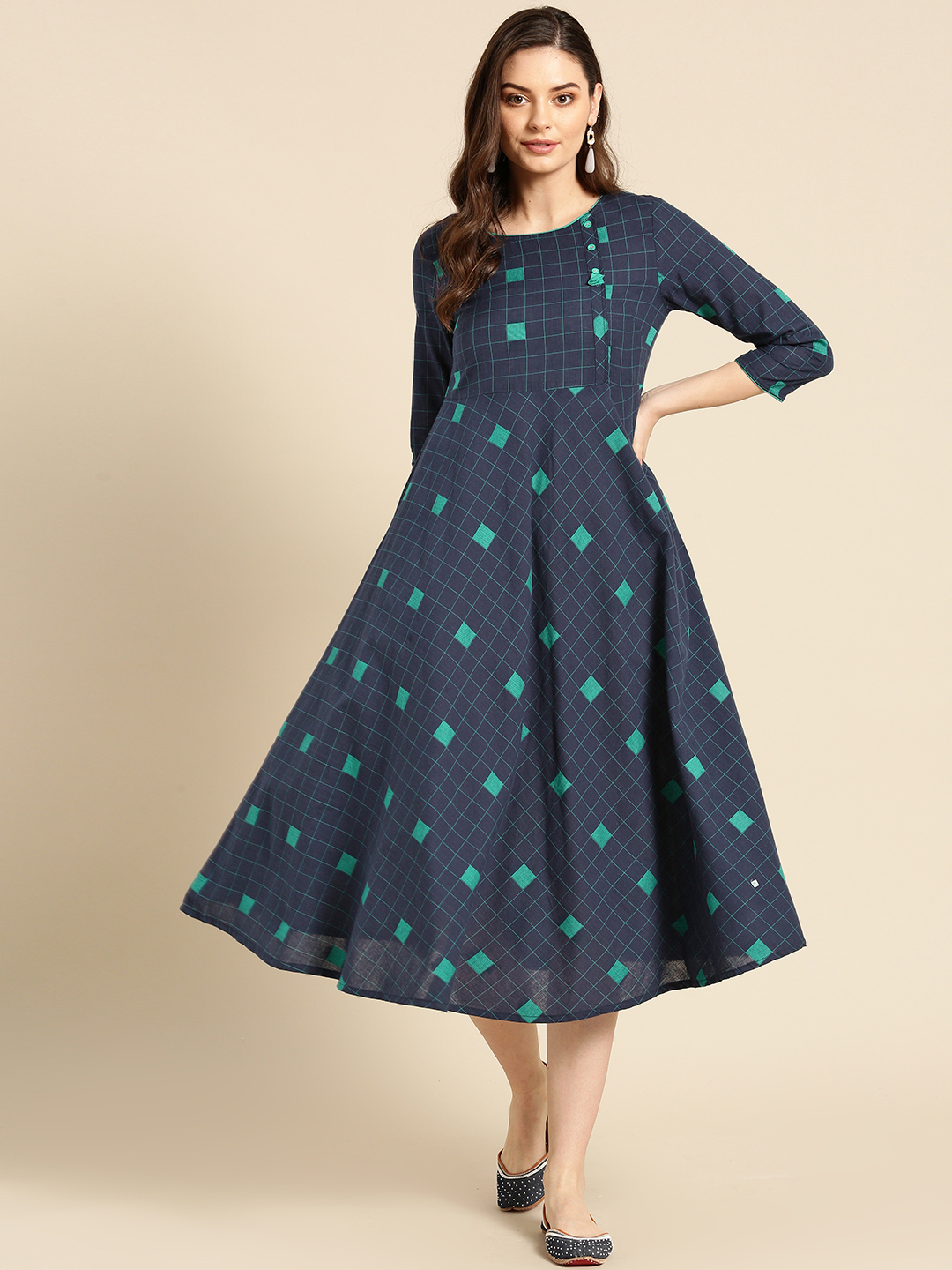 IMARA Women Navy Blue & Green Self-Checked A-Line Dress Price in India