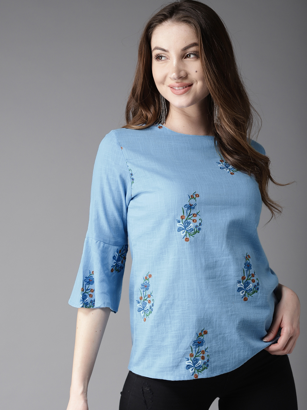 HERE&NOW Women Blue Embroidered Top Price in India