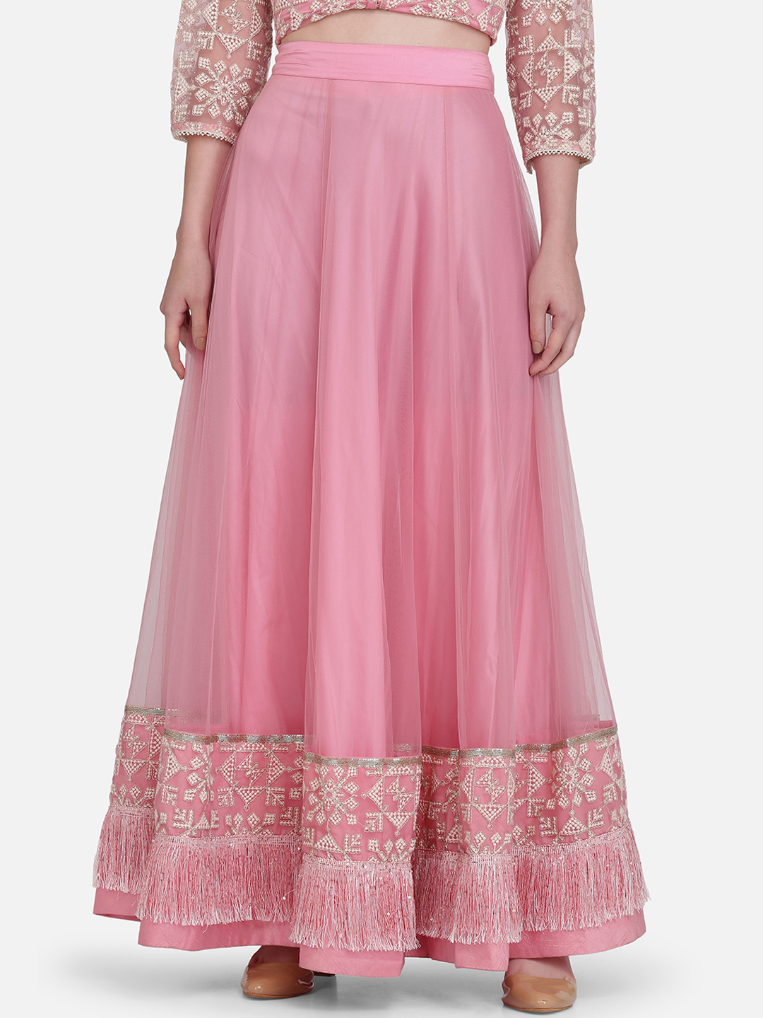 Ojjasvi Women Pink Embroidered Border Net Flared Maxi Skirt Price in India