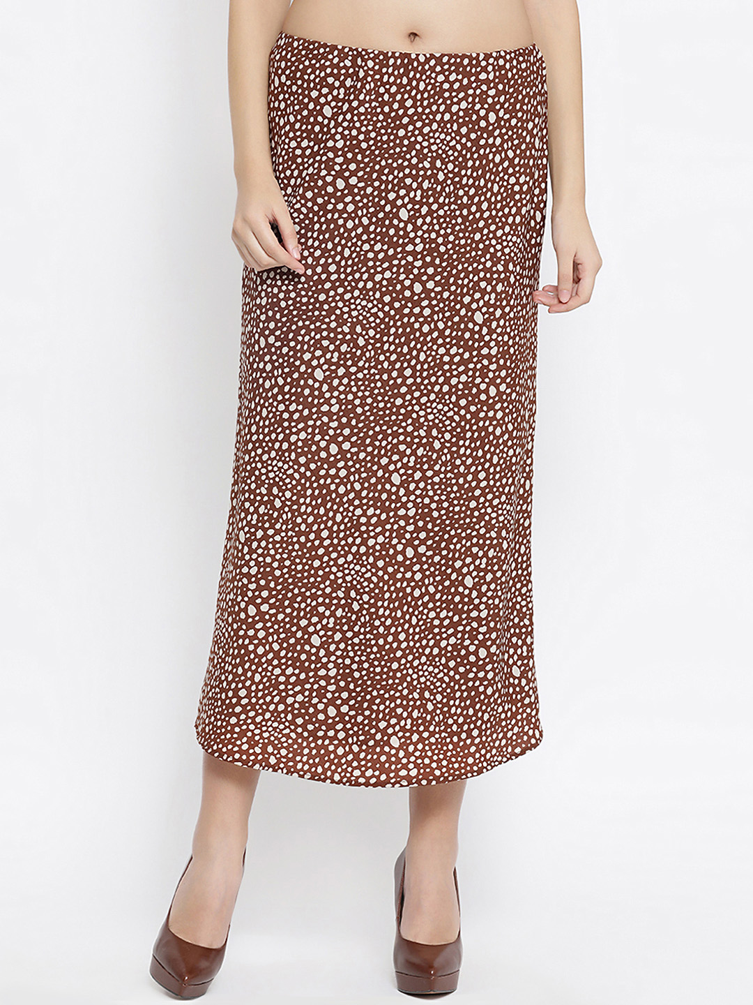 OFFICE & YOU Women Brown & White Animal Printed Straight Midi Skirt Price in India