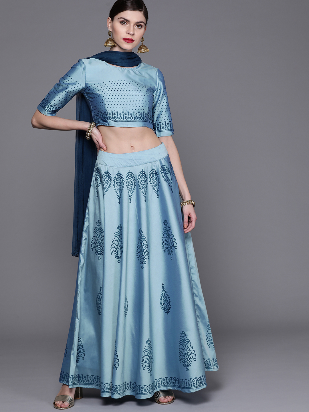 AKS Couture Women Blue Block Printed Lehenga Choli With Dupatta Price in India