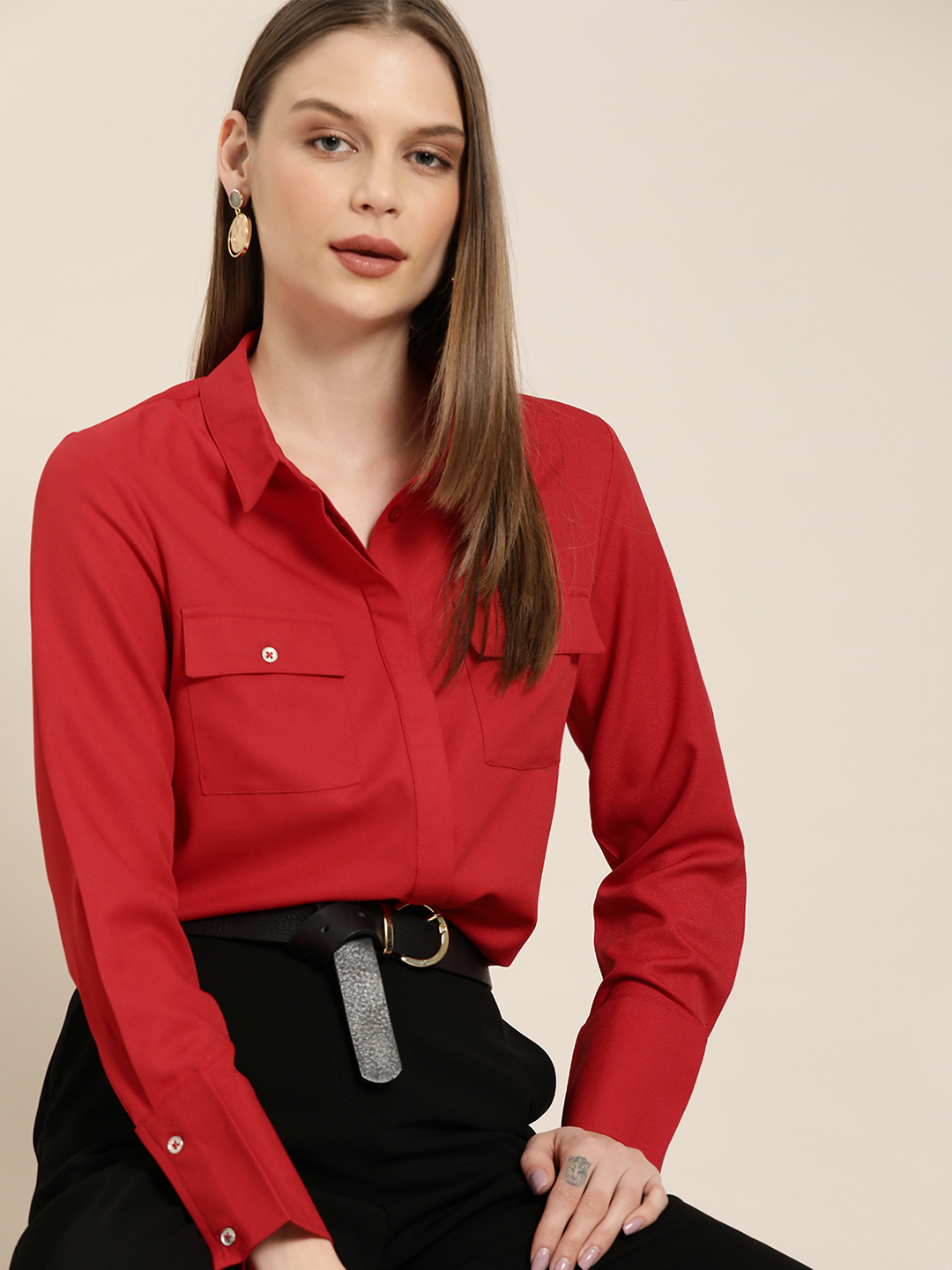 her by invictus Women Red Regular Fit Solid Formal Shirt Price in India