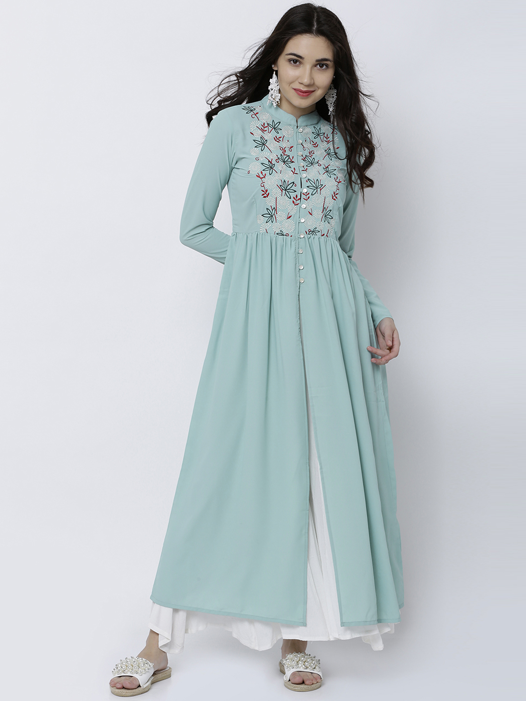 Vishudh Women Teal Solid Anarkali Kurta Price in India