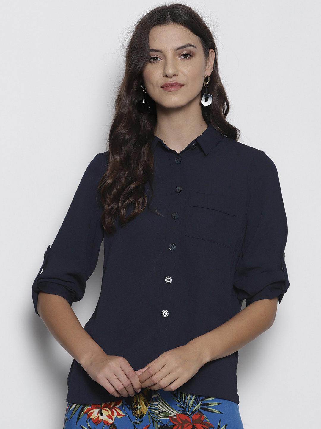 DOROTHY PERKINS Women Navy Blue Regular Fit Solid Casual Shirt Price in India