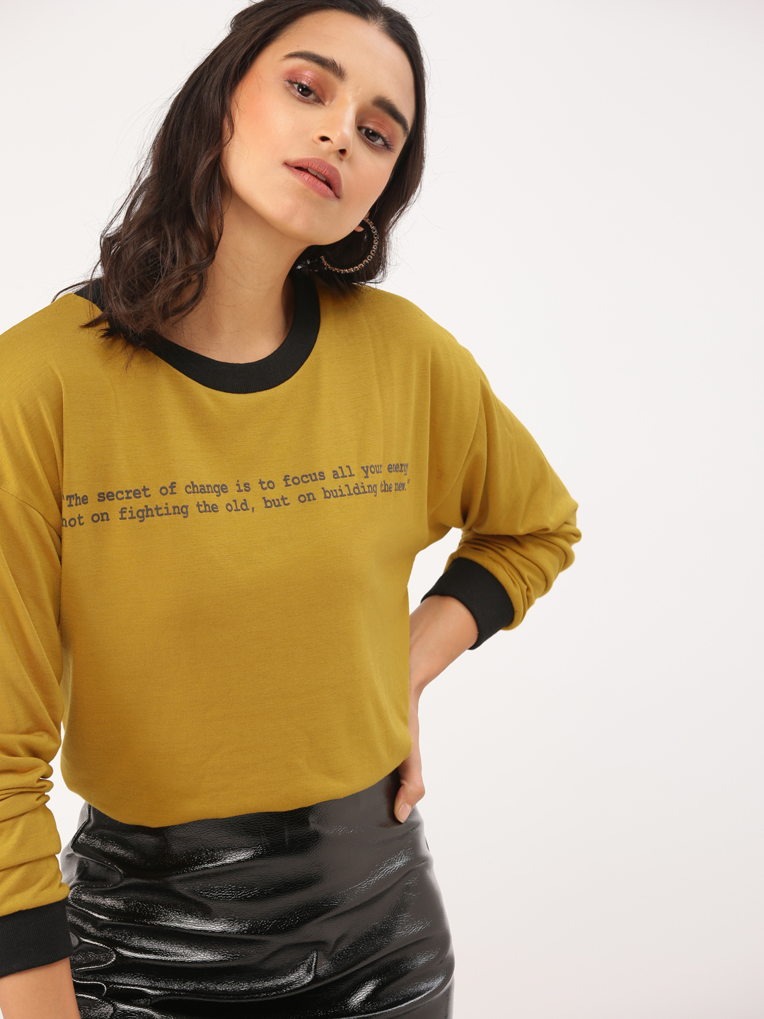 DressBerry Women Mustard Yellow Printed Round Neck T-shirt Price in India