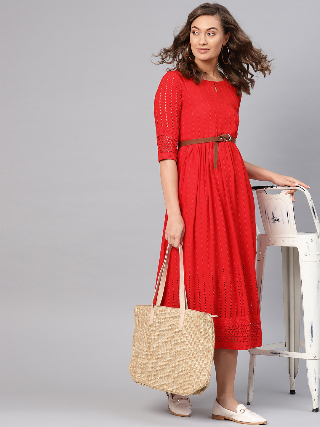 Libas Women Red Embroidered A-Line Dress Price in India