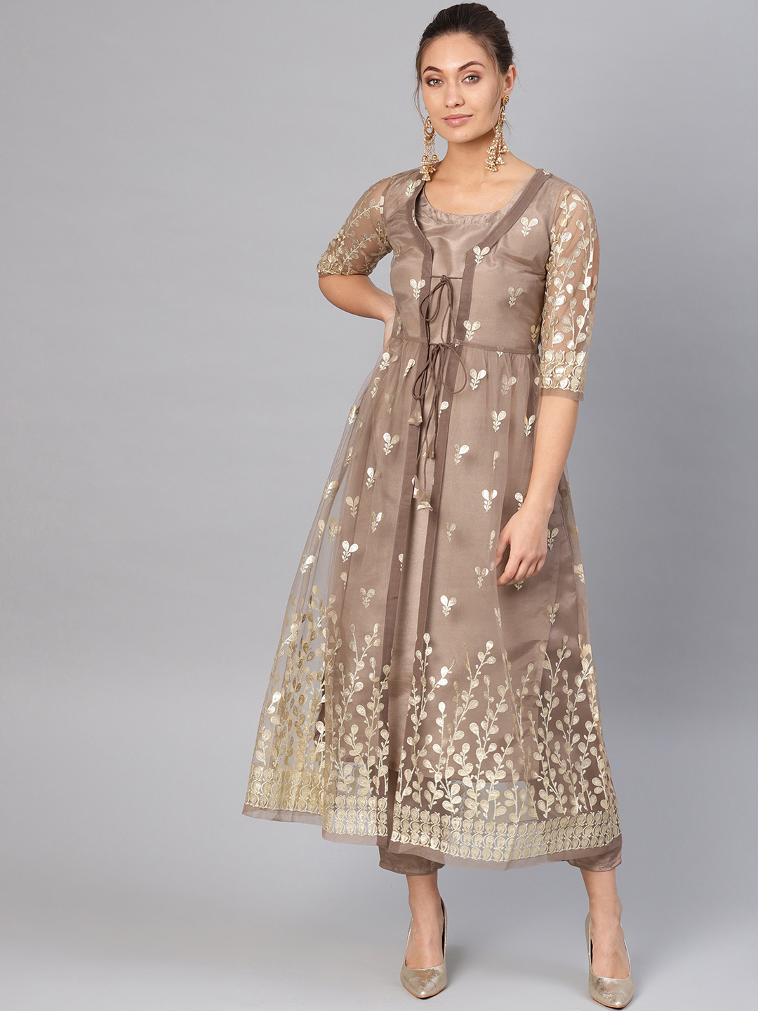 Libas Women Brown & Golden Embroidered Kurta with Trousers Price in India