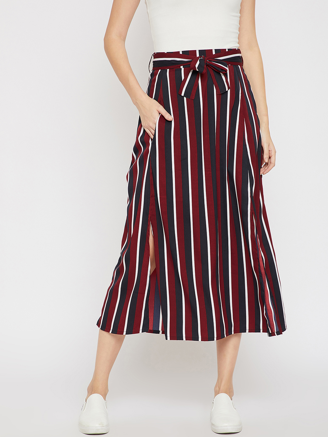 RARE Women Maroon & Navy Blue Striped A-Line Maxi Skirt Price in India