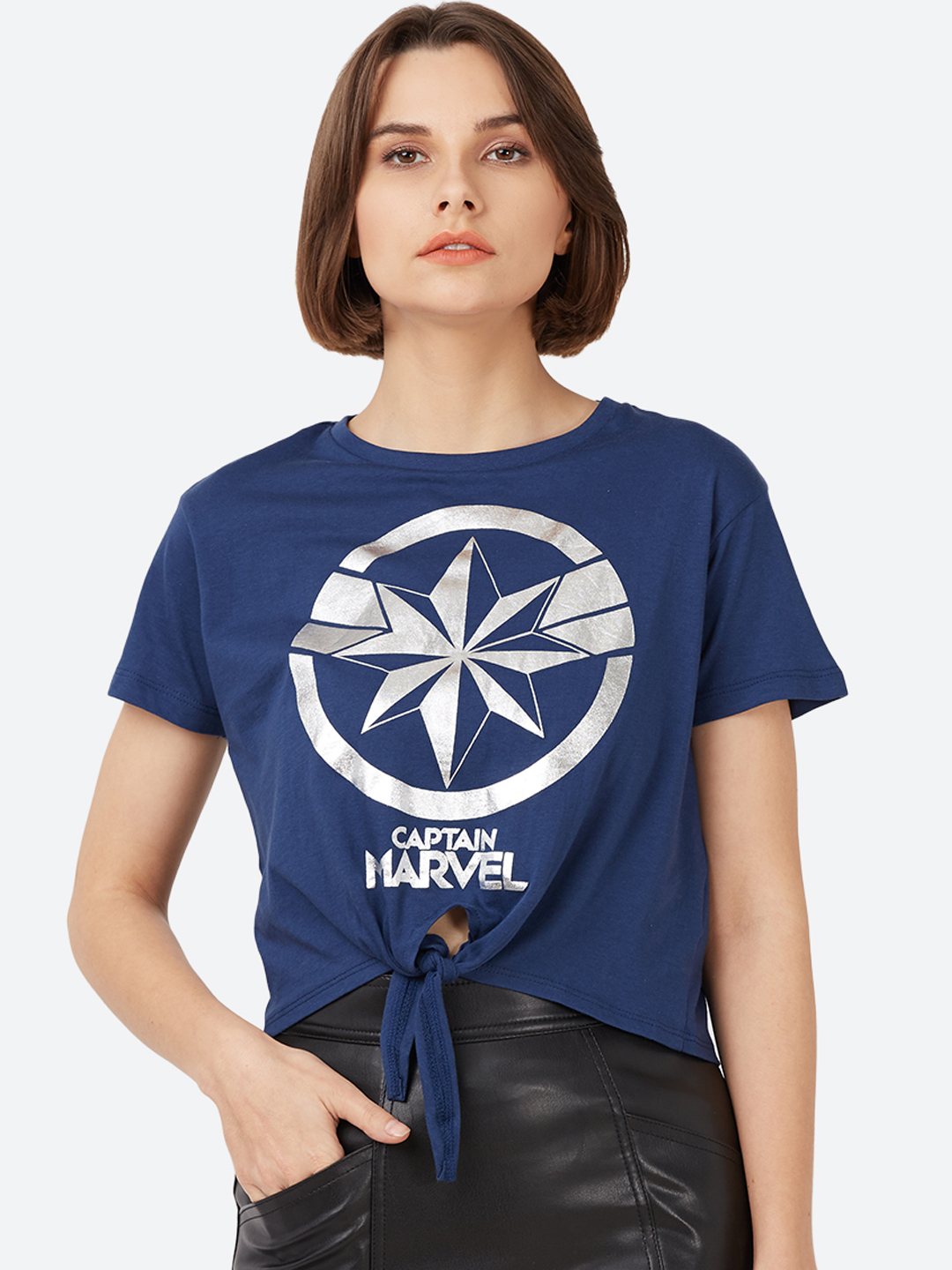 Free Authority Women Blue & Grey Captain Marvel Printed Loose Fit Round Neck T-shirt Price in India