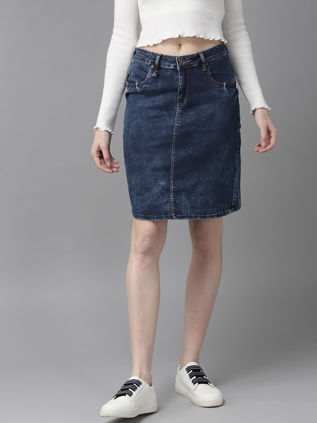 Roadster Women Navy Blue Washed Straight Denim Skirt Price in India